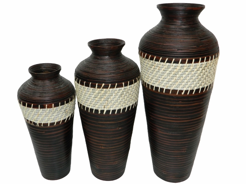Curated Coiled Bamboo Vase Set with Woven Rattan Accents
